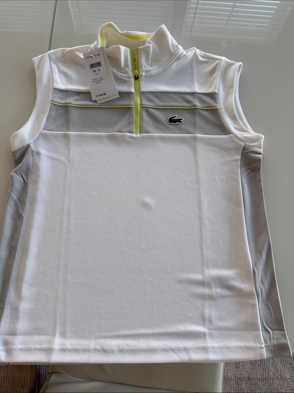 Lacoste White Sleeveless Tank with neon zip  sz  S